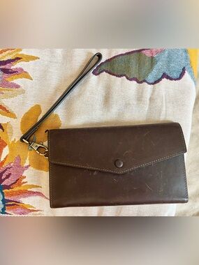 Classic Brown Leather Wristlet Clutch